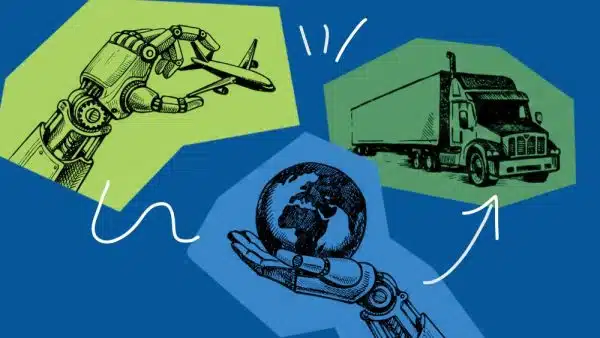 Transportation spend intelligence illustration: sketches of a tractor-trailer and robotic hands holding an airplane and the Earth.